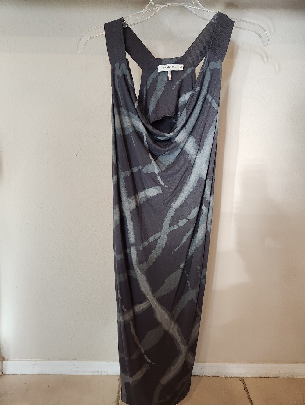 Dutch Sandwich Brand Sleeveless Grey Patterned Slinky Cowl Neck Dress